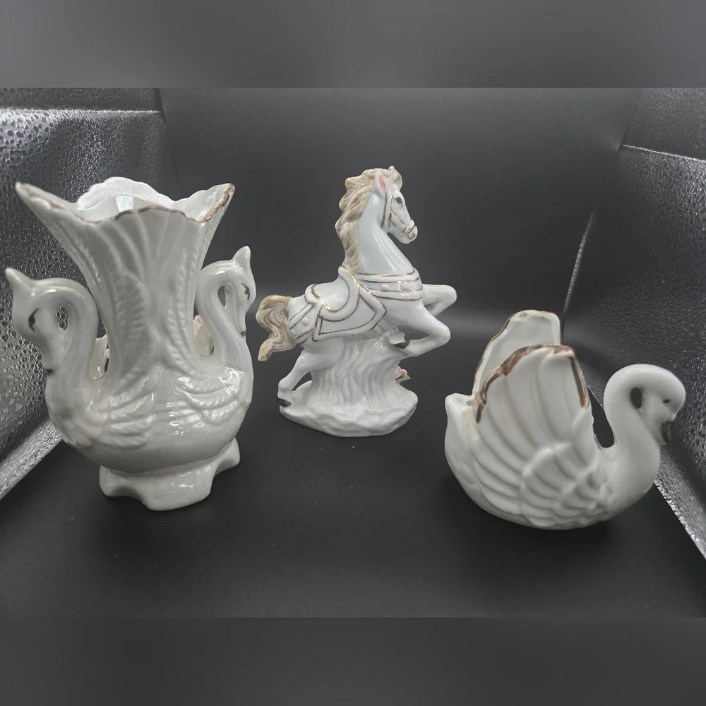 Porcelain Swan and Horse Figurines with Floral Accents Vintage